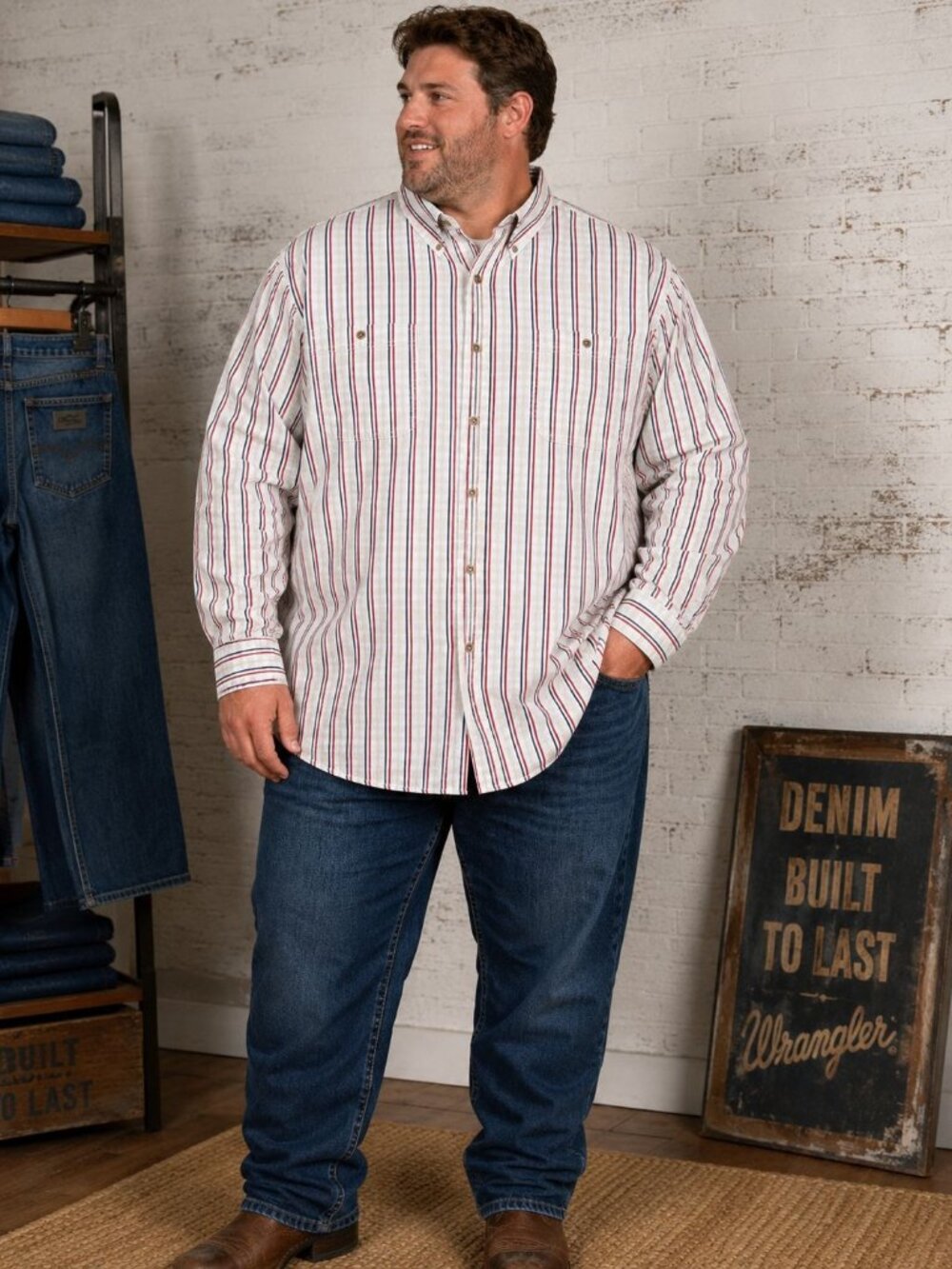 Wrangler Rugged Wear Mens 3X Shirt Wrinkle Resist Striped Cotton Big Tall